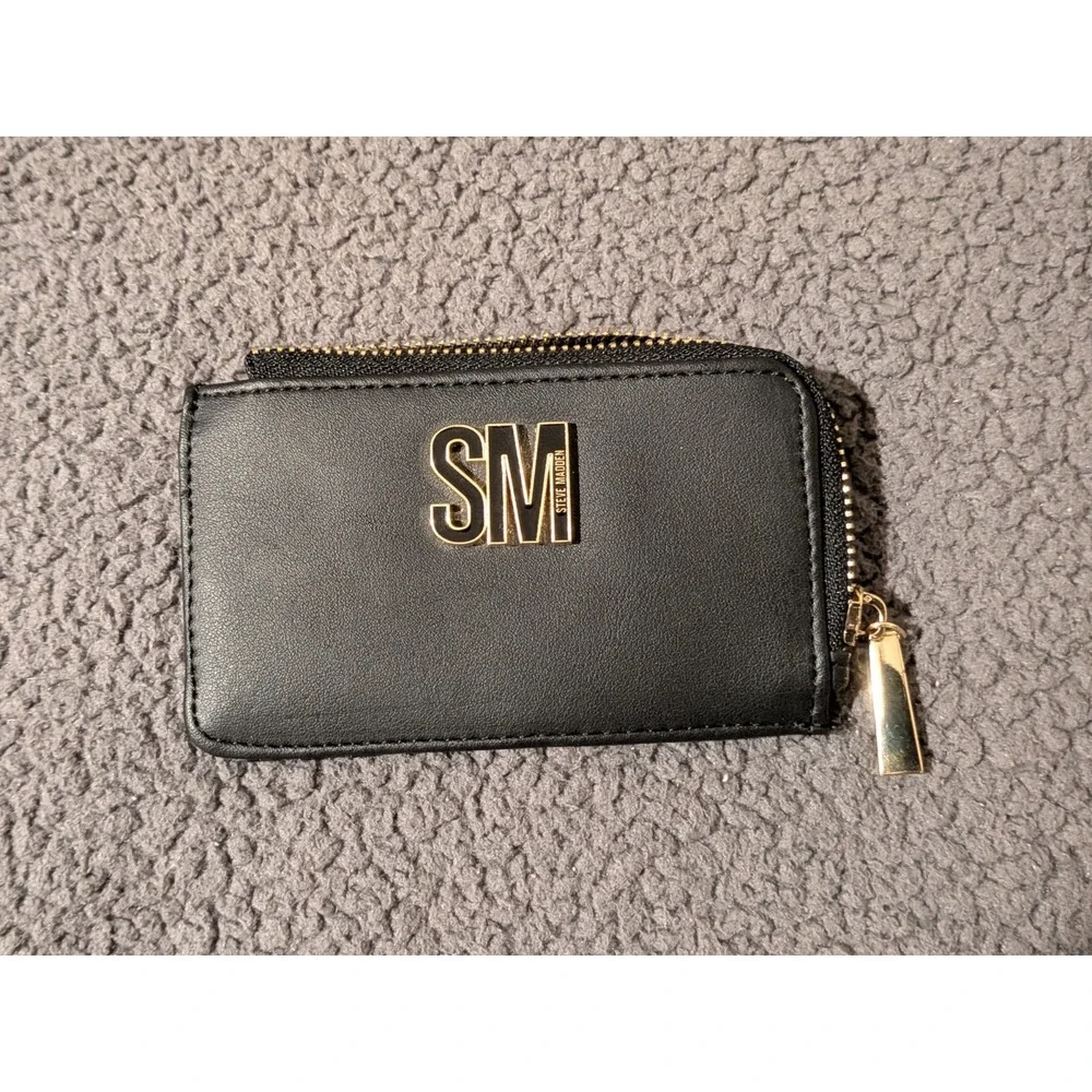 Steve Madden Card Holder / Wallet, Zip Around Coin Purse - Black & Gold